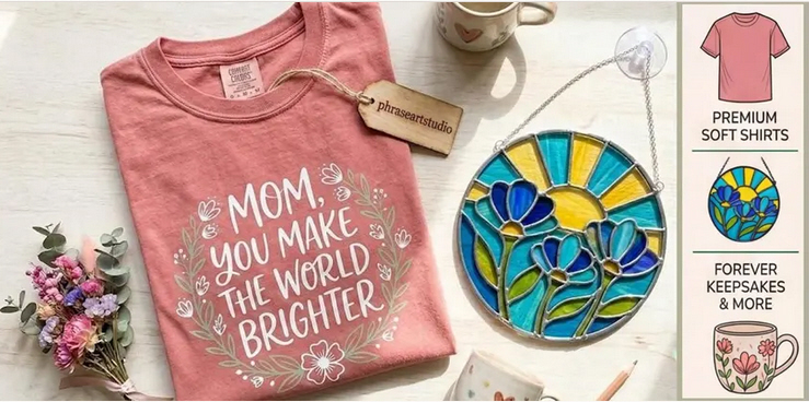 Gift collection header showing a folded pink shirt, stained glass floral suncatcher, and gift product icons.